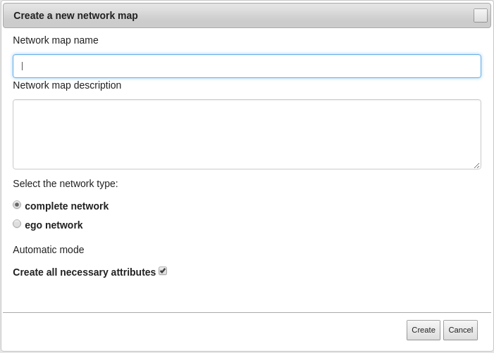 Dialog for creating a new network map